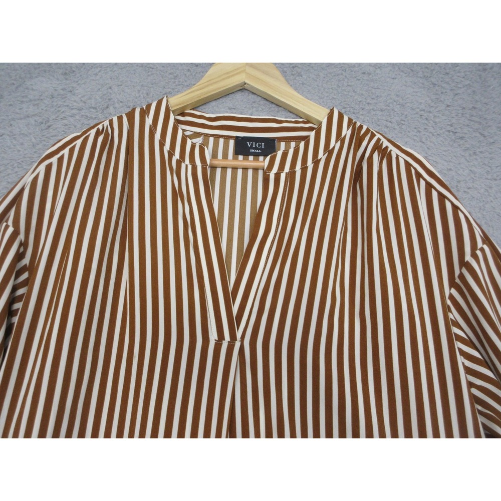 VICI Stripe Shirt Dress Women S Brown White Neutral Relaxed Capsule Quiet Luxury - Picture 5 of 16